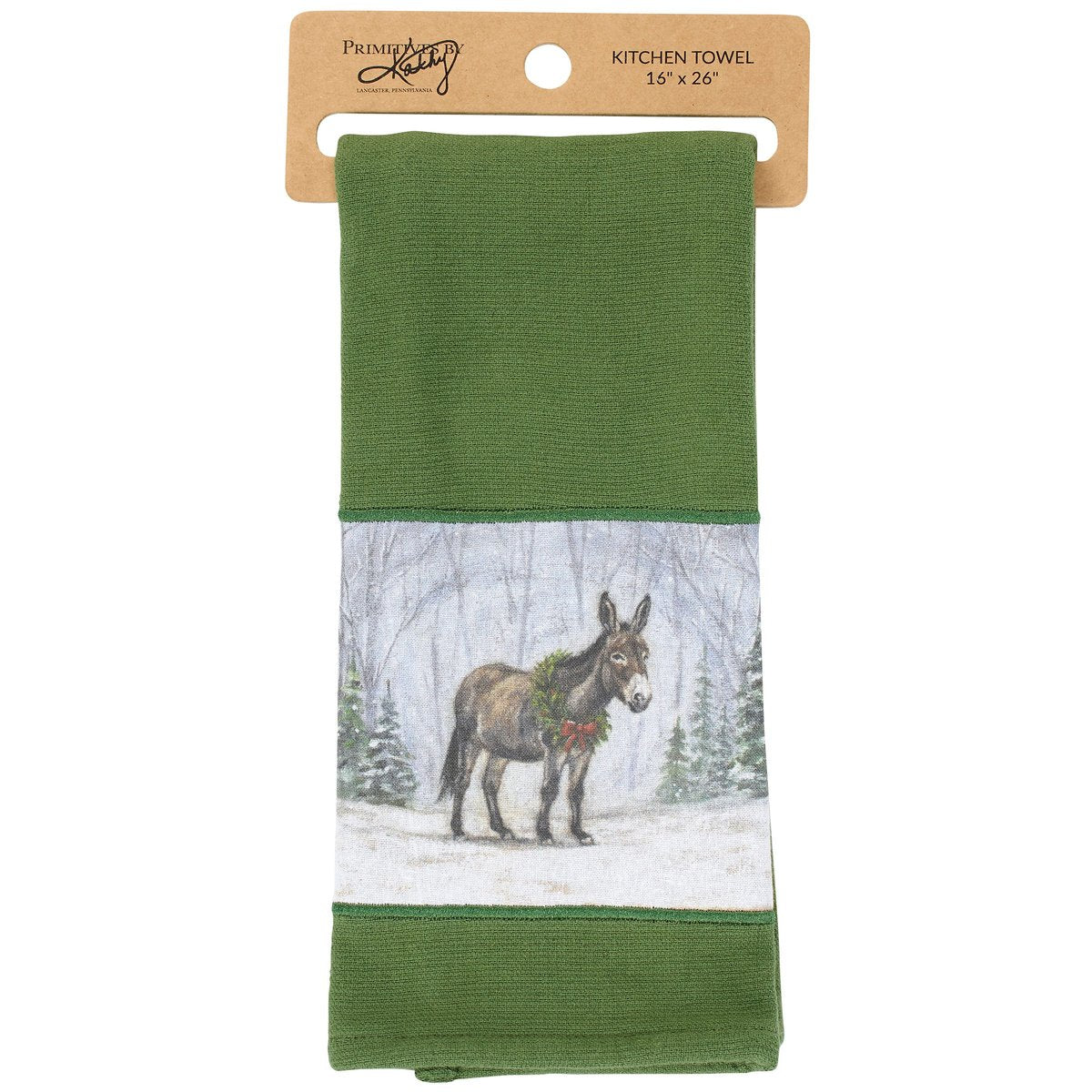 front view of snowy donkey kitchen towel