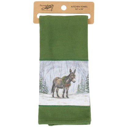 front view of snowy donkey kitchen towel