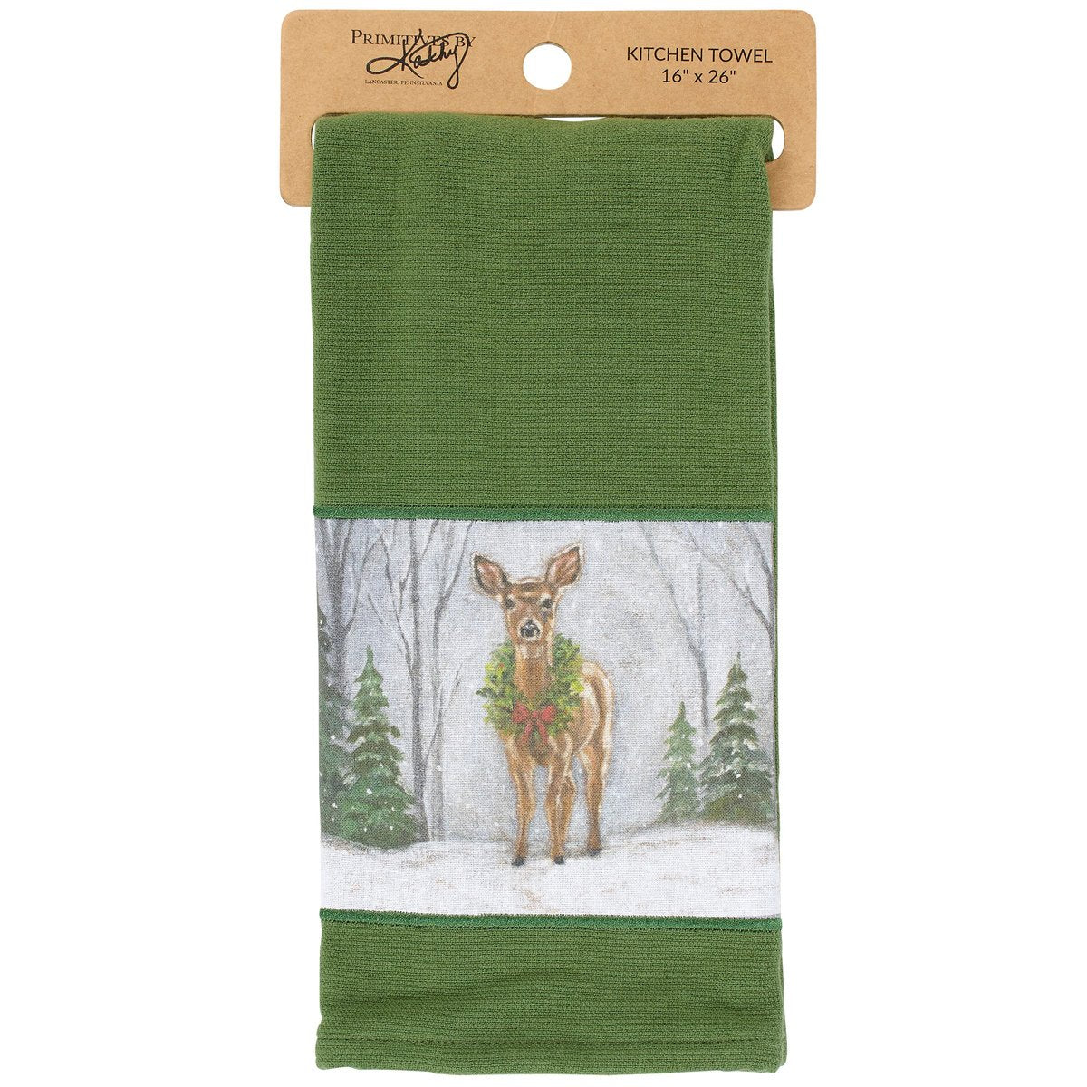 Green kitchen towel with a deer design on a white background