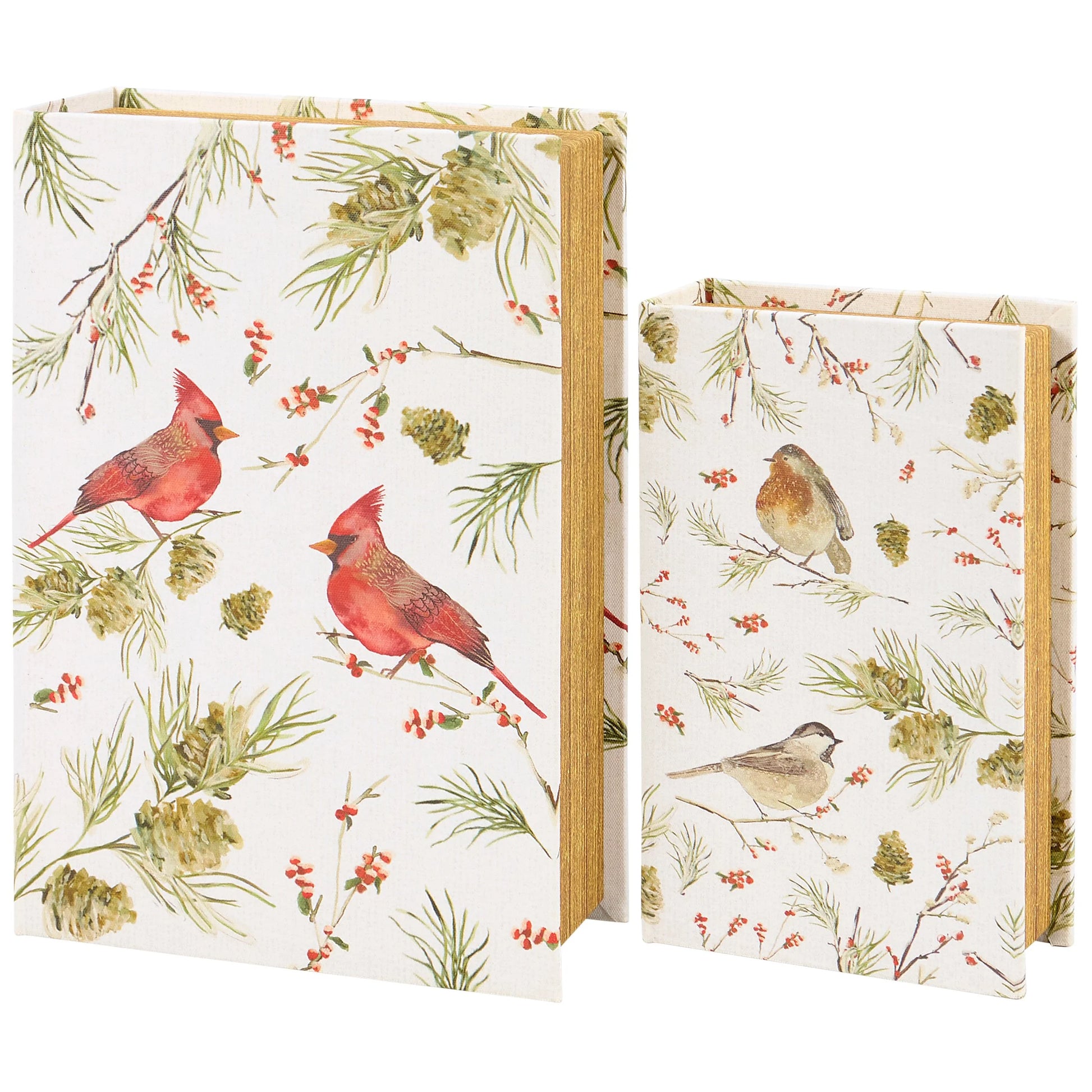 2 Book Boxes, larger one has cardinals printed on it, the smaller one has chickadees, both have evergreen and red berries