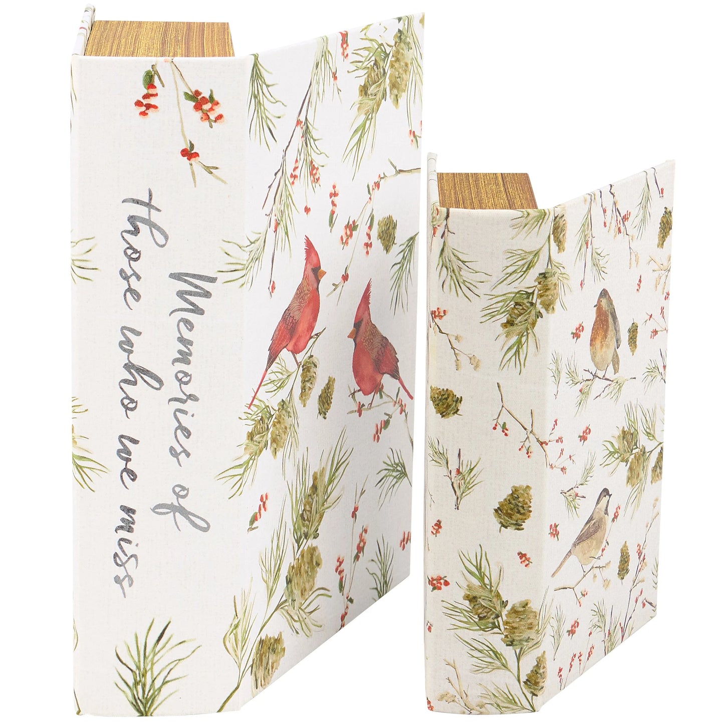 spines of 2 sizes of book boxes, large one has text "memories of those who we miss"