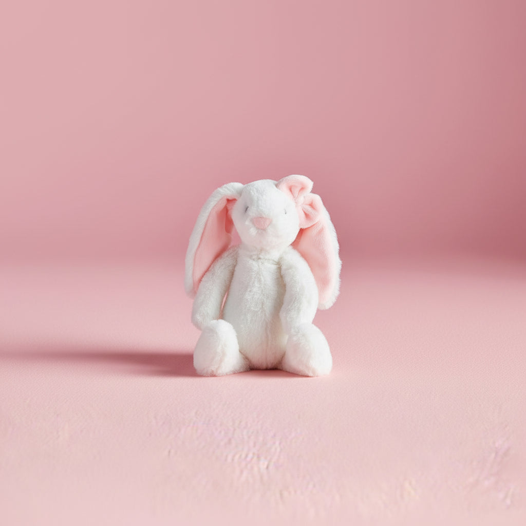 White plush bunny with pink interior ears and pink bow on one ear toy on a pink background