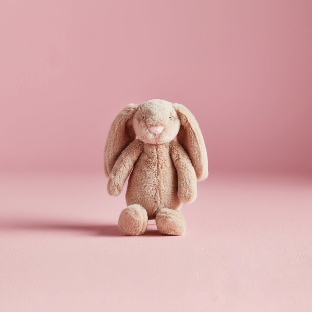 light brown Plush bunny toy on a pink background