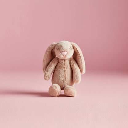 light brown Plush bunny toy on a pink background