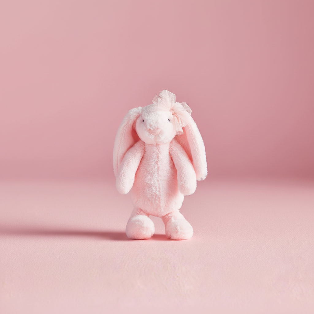 Pink plush bunny toy posed standing  on a pink background