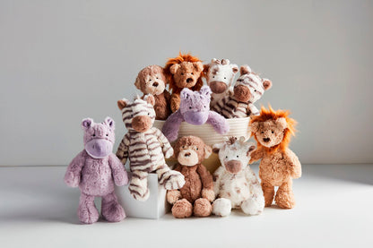 10 safari plush toys on a white background