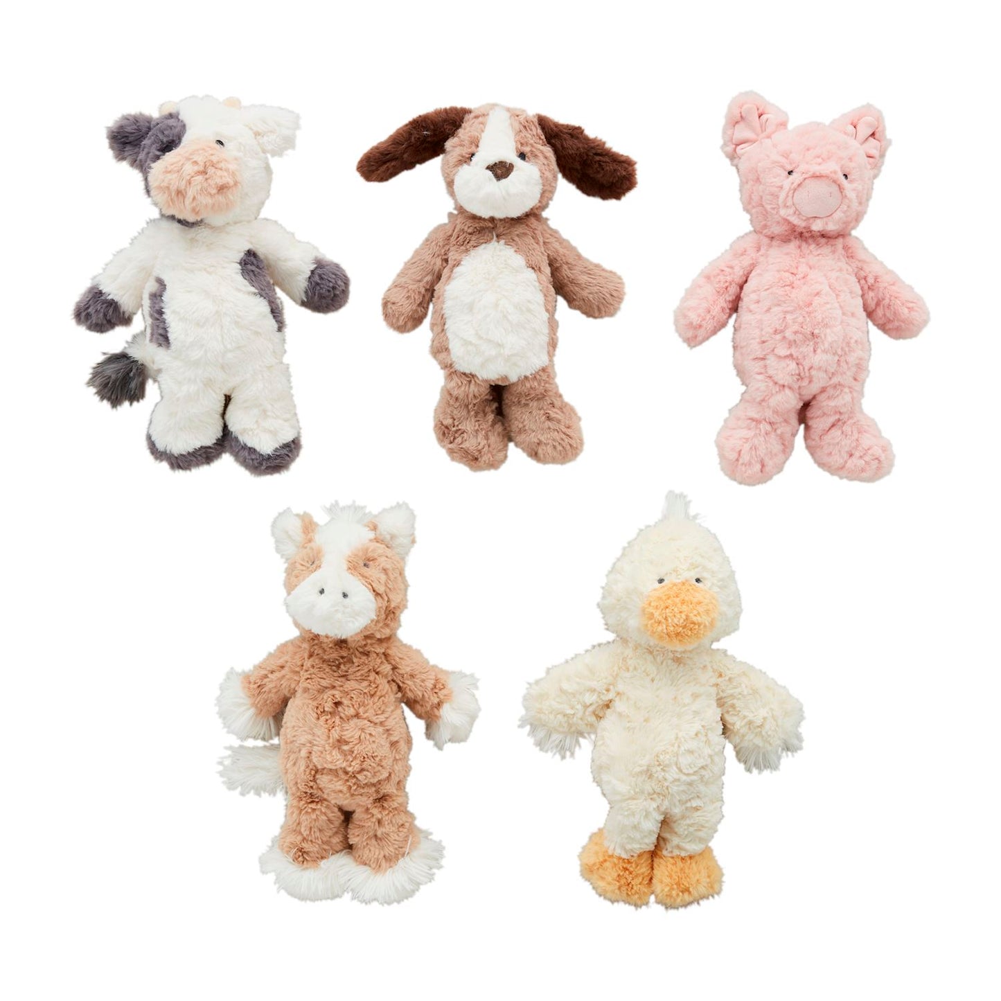 5 assorted Farm Plush Animals in rows on a white background