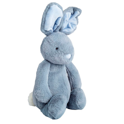 Blue plush bunny toy with a bow on a white background