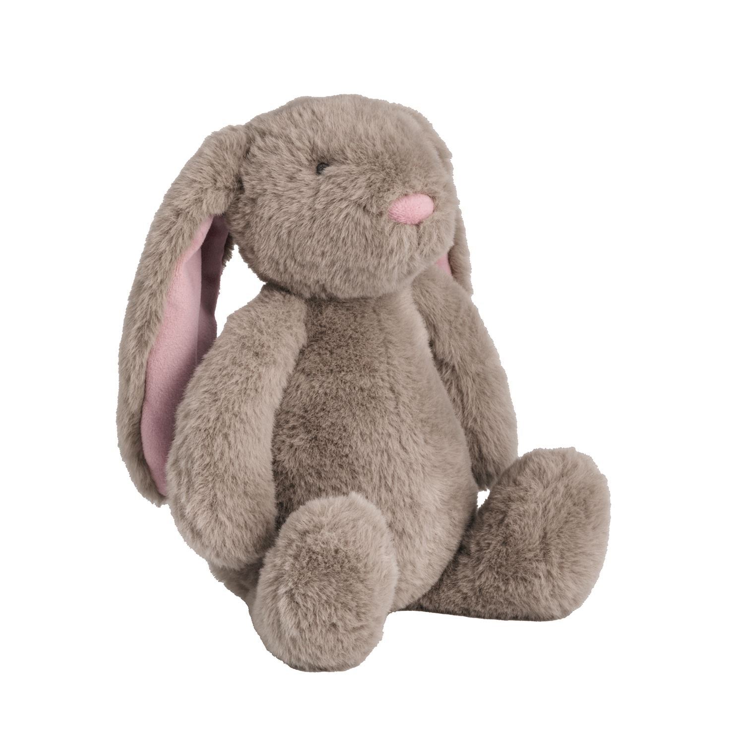grey Plush toy rabbit with pink interior on ears on a white background