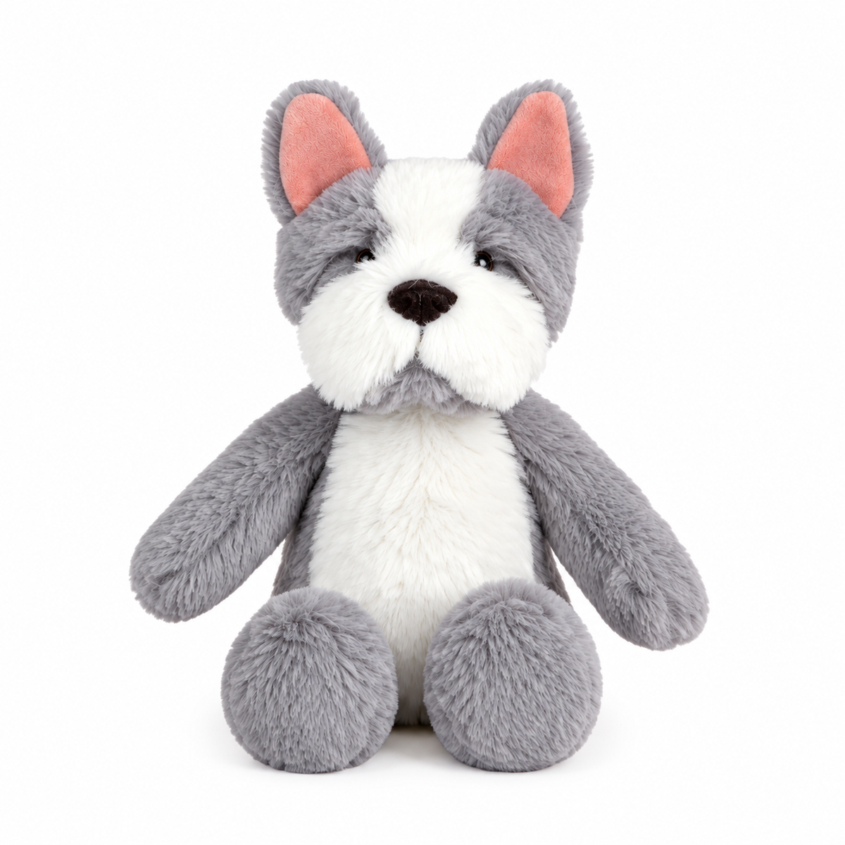 grey and white dog plush toy on a white background