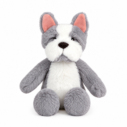 grey and white dog plush toy on a white background