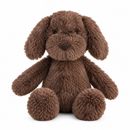 chocolate lab dog plush toy on a white background
