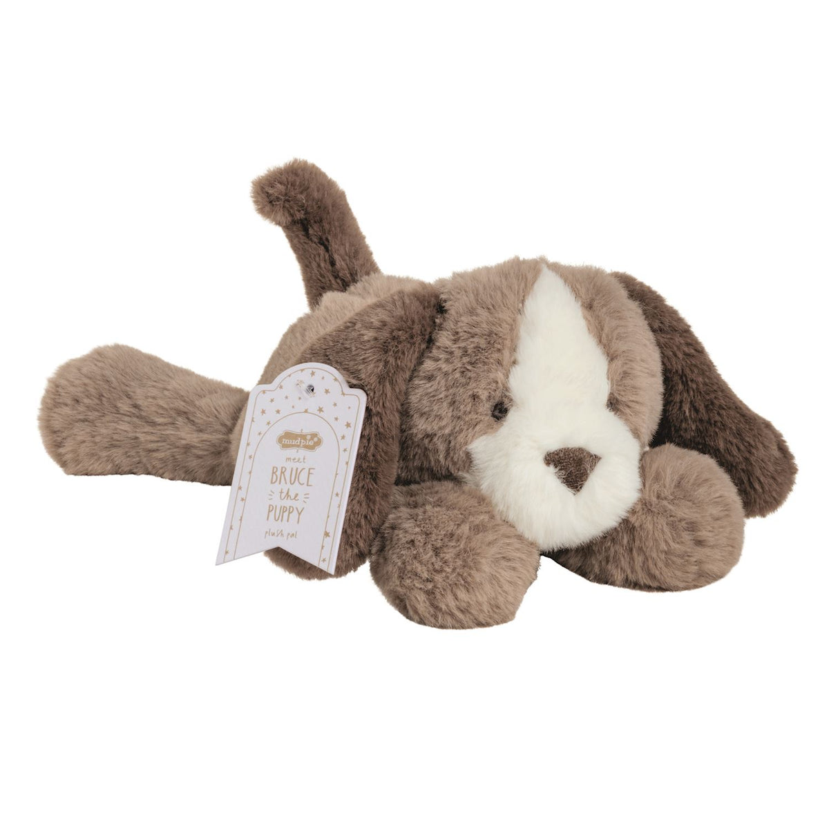 bruce the puppy plush toy on its belly