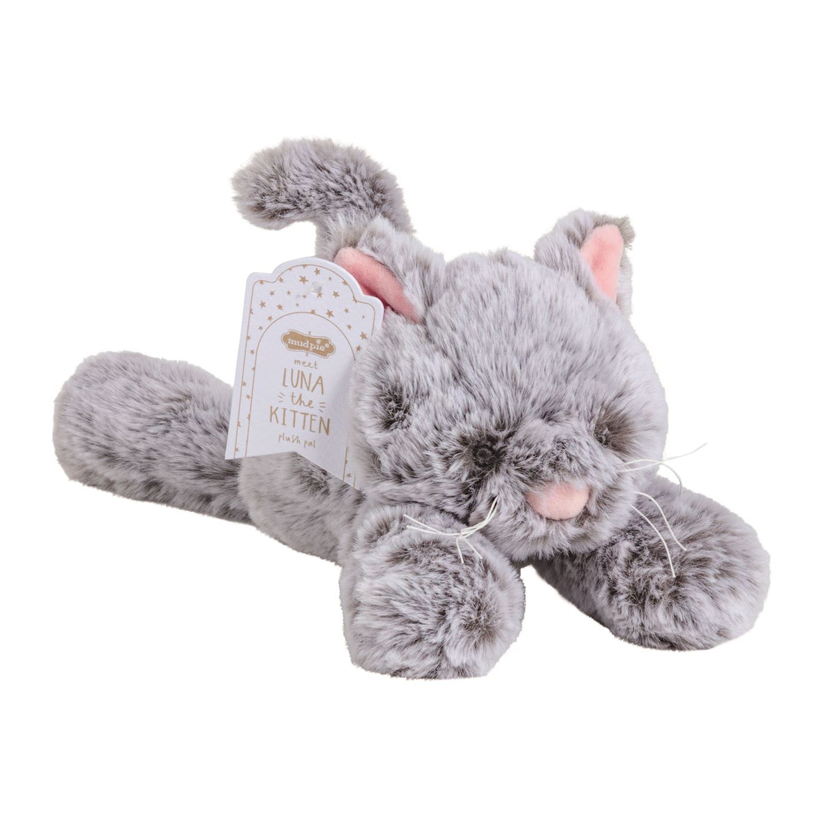 luna the kitten plush toy on its belly