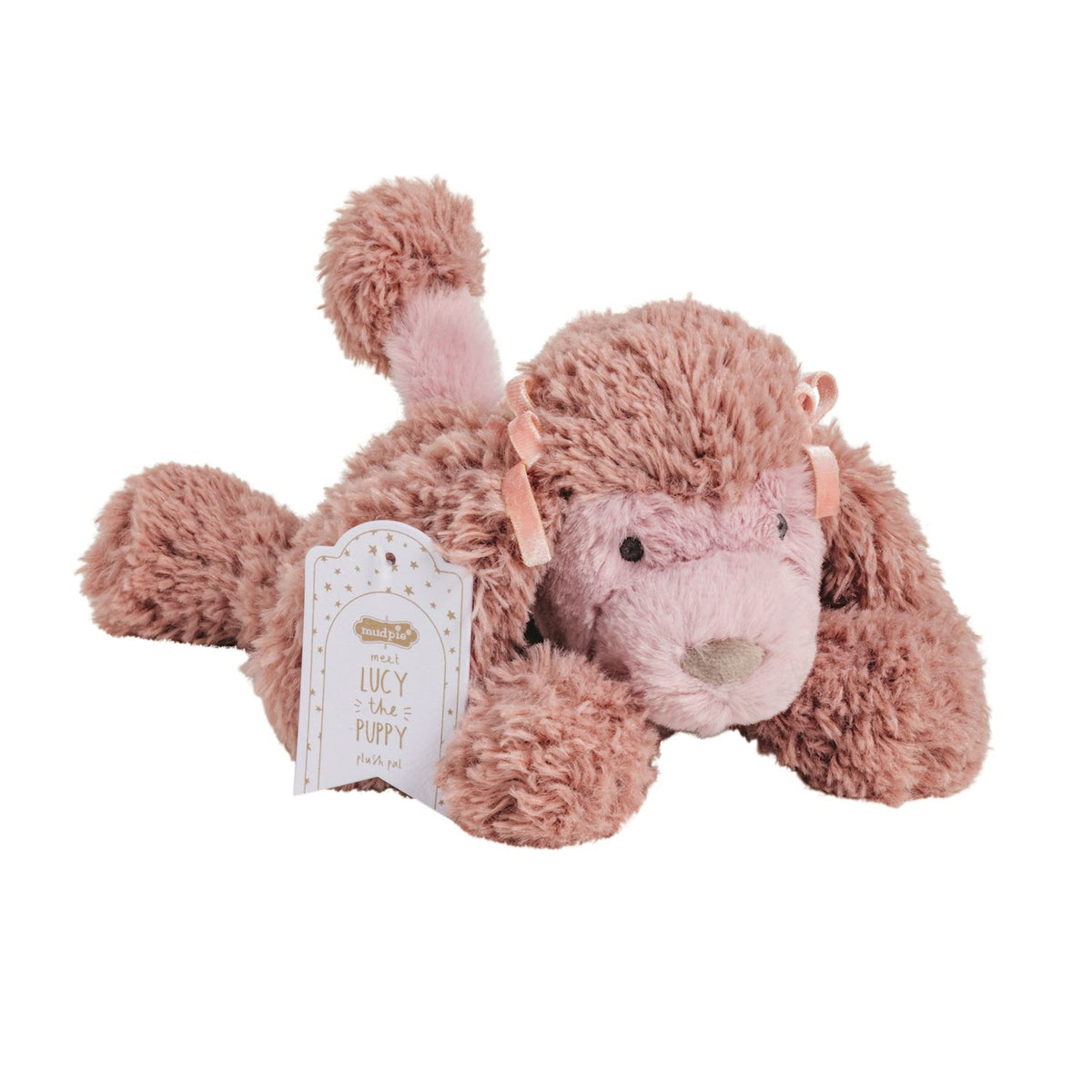 lucy the puppy plush toy on its belly