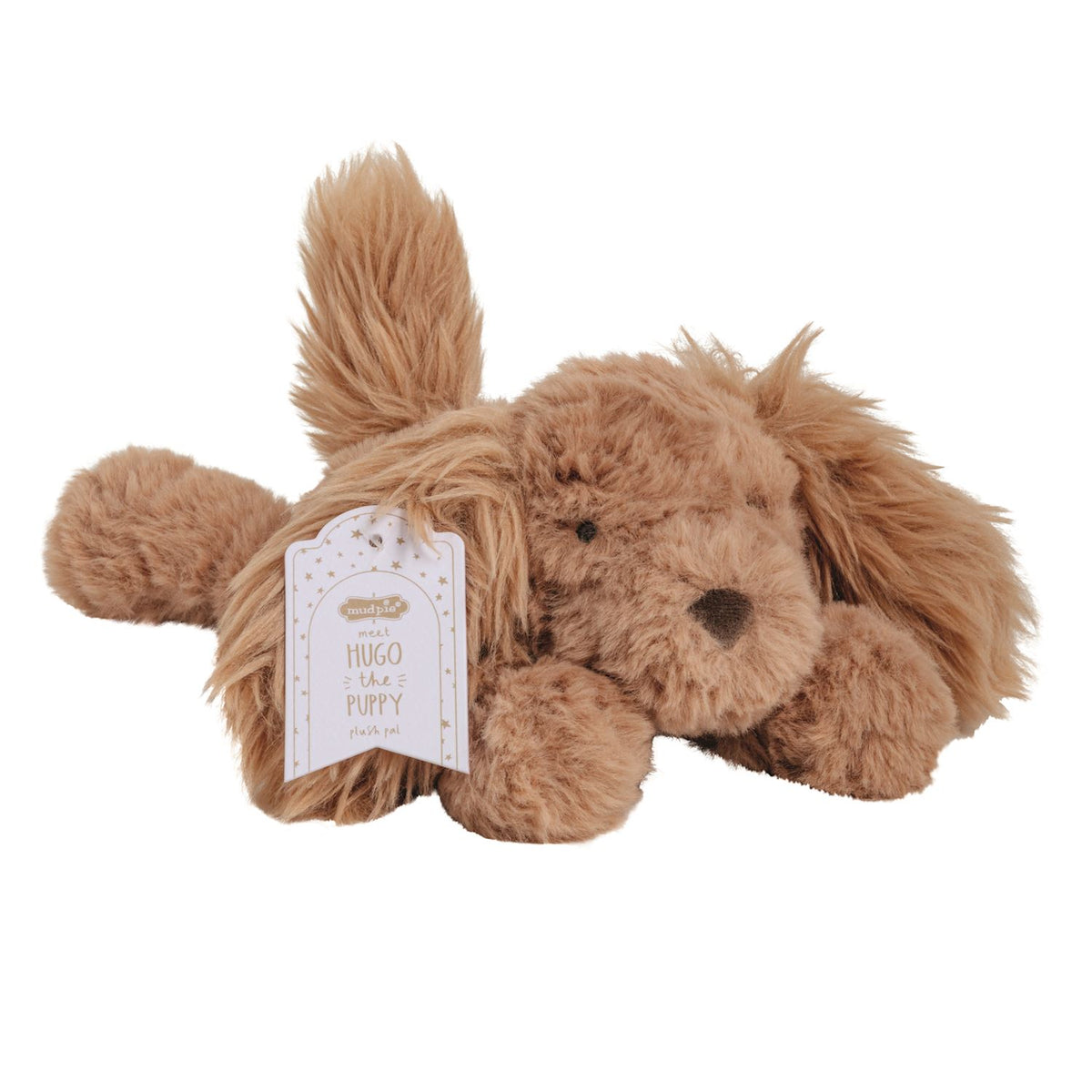 hugo the puppy plush toy on its belly