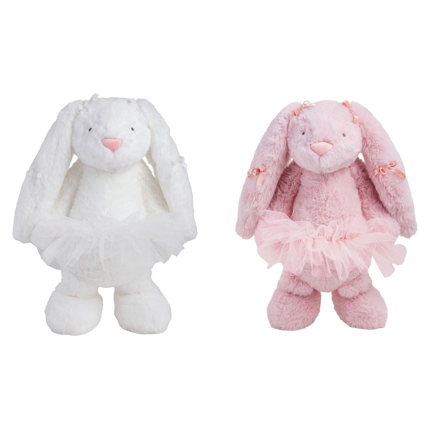 Two plush bunnies wearing tutus, one white and one pink, on a white background.