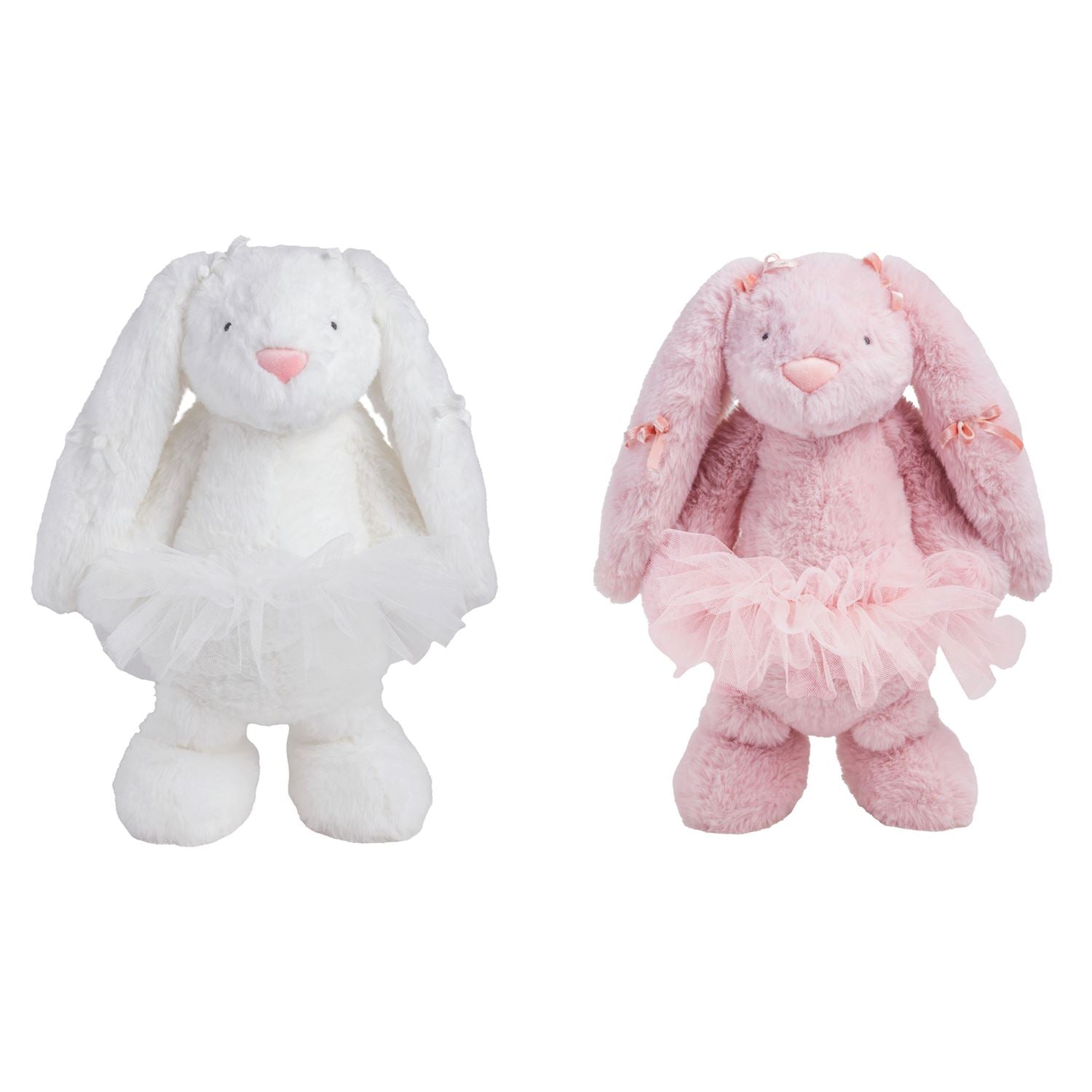 Two plush bunnies wearing tutus, one white and one pink, on a white background.