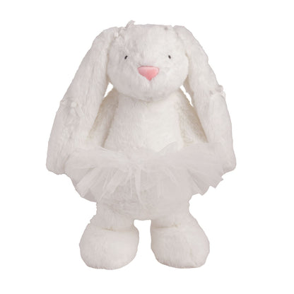 White plush bunny toy with a pink nose wearing a white tutu on a white background