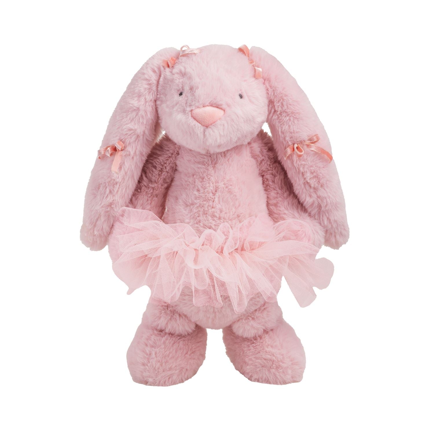 Pink plush bunny with a pink tutu on a white background