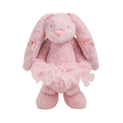 Pink plush bunny with a pink tutu on a white background