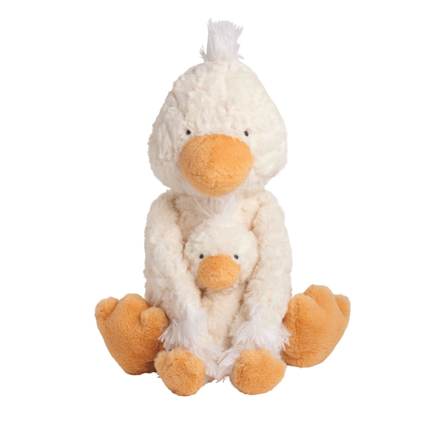 Plush duck toy hugging a smaller duckling on a white background