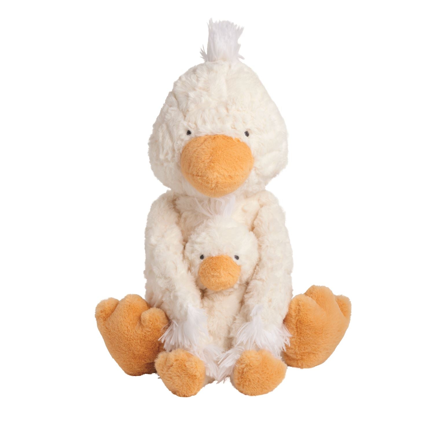 Plush duck toy hugging a smaller duckling on a white background
