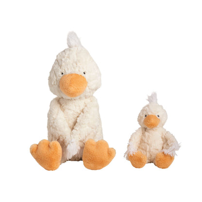 Two plush duck toys, one larger and one smaller, on a white background.