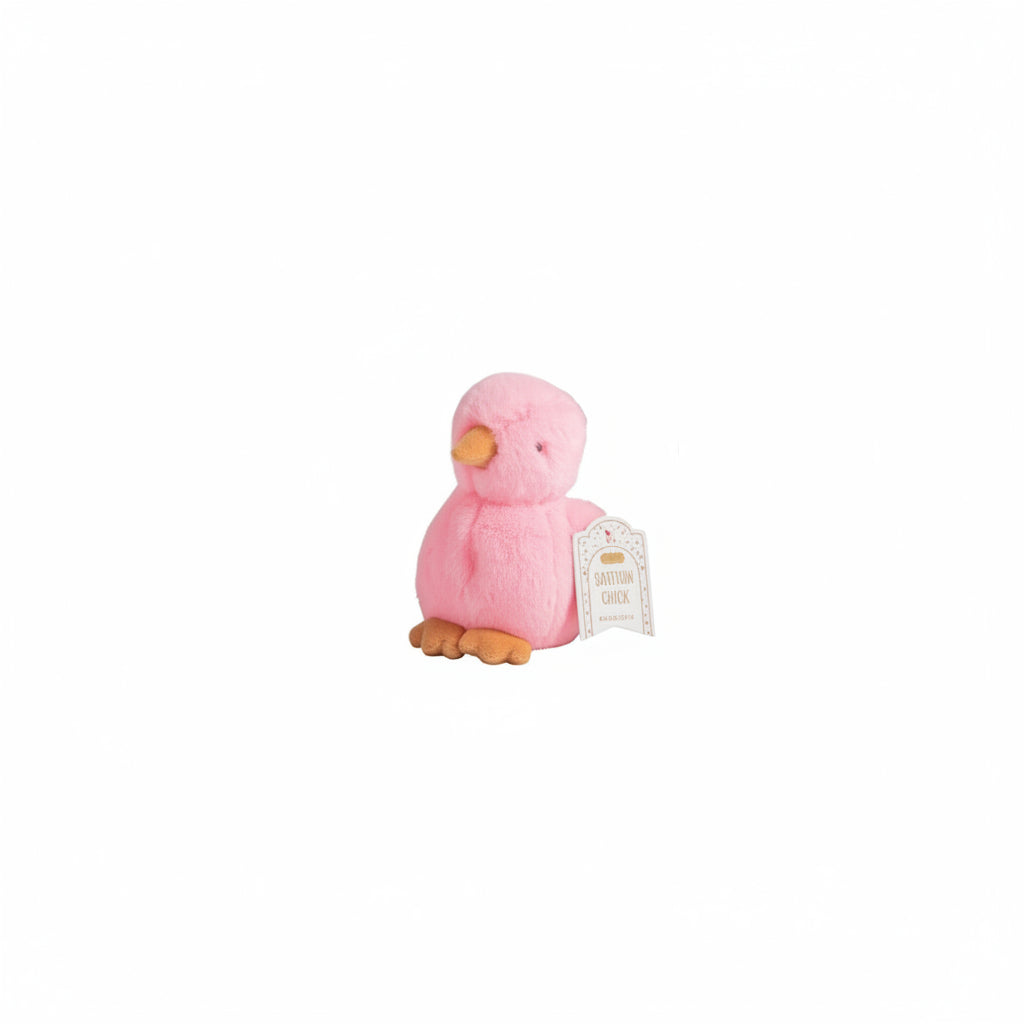 Pink plush chick toy with a tag on a white background