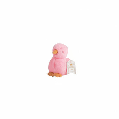 Pink plush chick toy with a tag on a white background