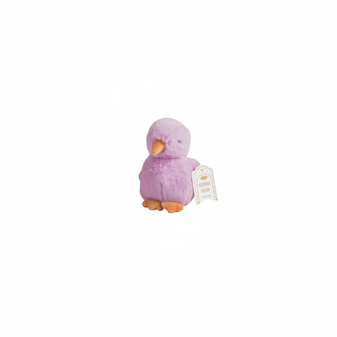 Purple plush chick toy with a white tag on a white background