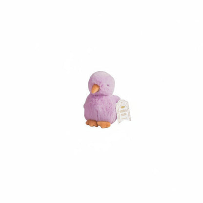 Purple plush chick toy with a white tag on a white background