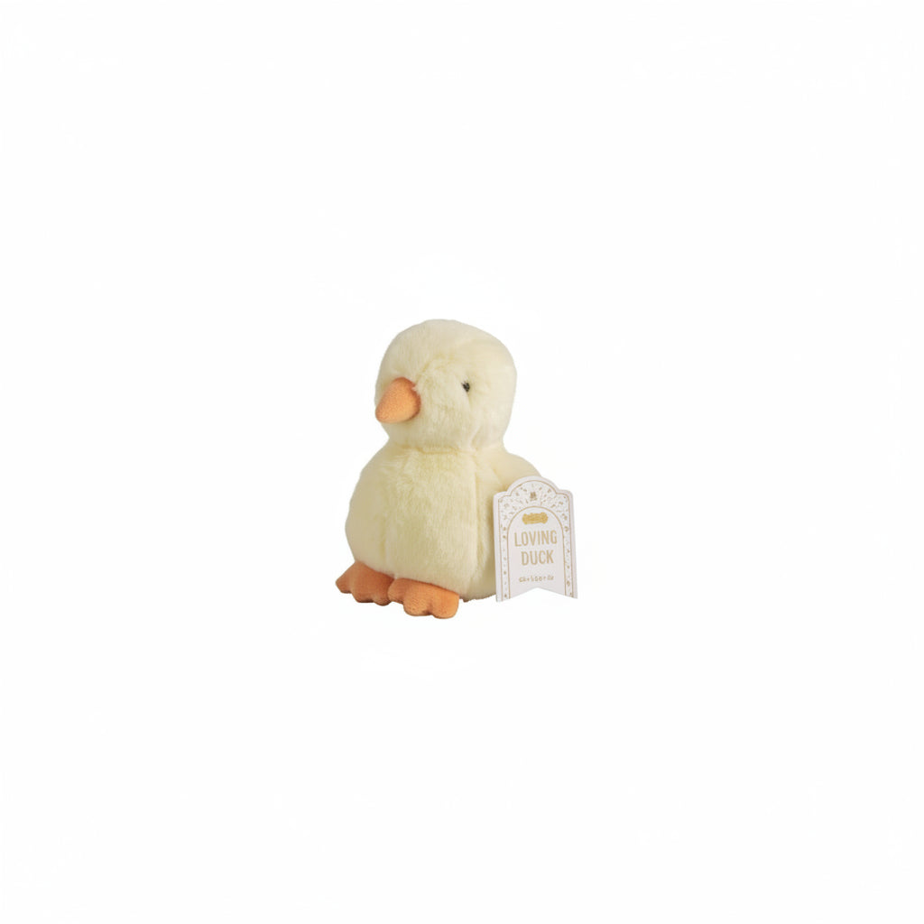 yellow Plush chick toy with a tag on a white background