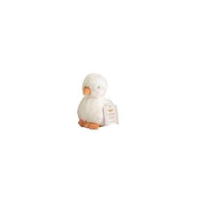 White chick plush toy with a tag on a white background