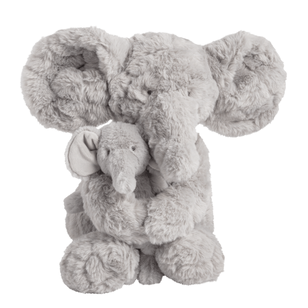 Two gray plush elephants hugging on a white background