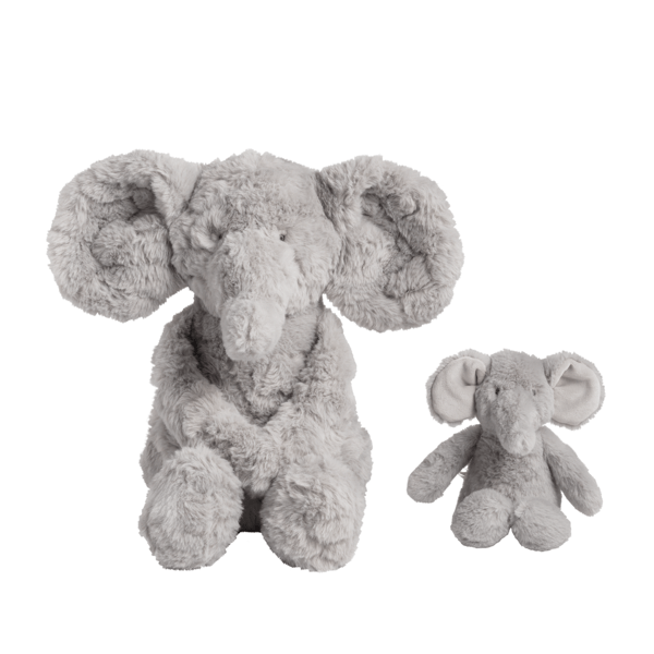 Two gray plush elephants set next to each other on a white background