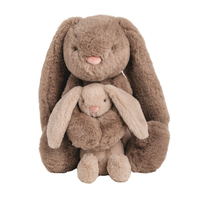 larger brown bunny with arms around smaller light brown bunny shown on a white background