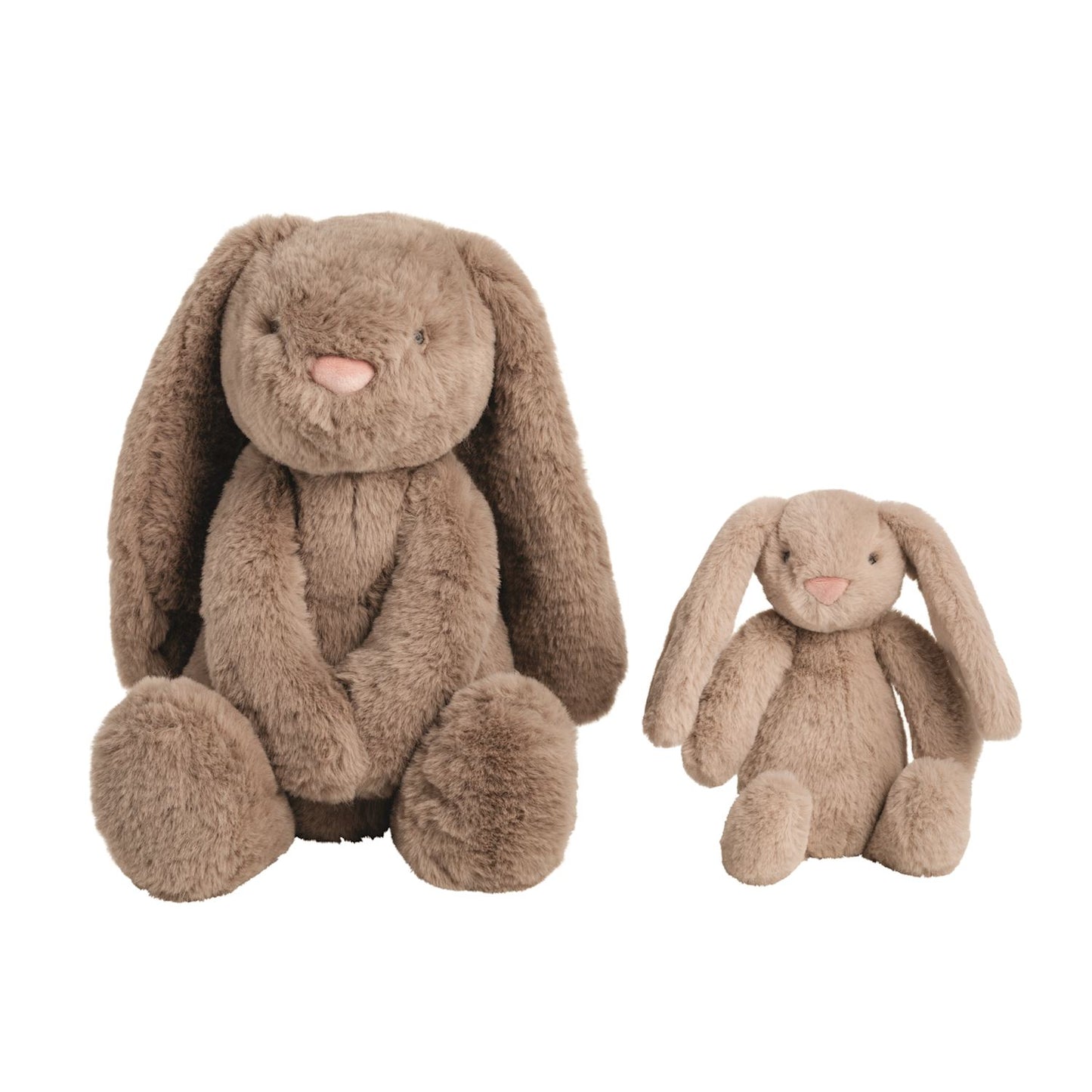 large brown bunny seated next to small light brown bunny on a white background