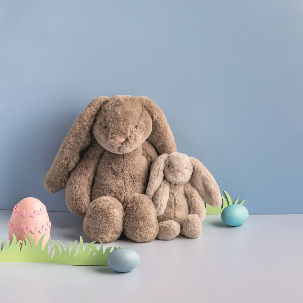 Two brown plush bunnies with Easter eggs and grass on a light blue background