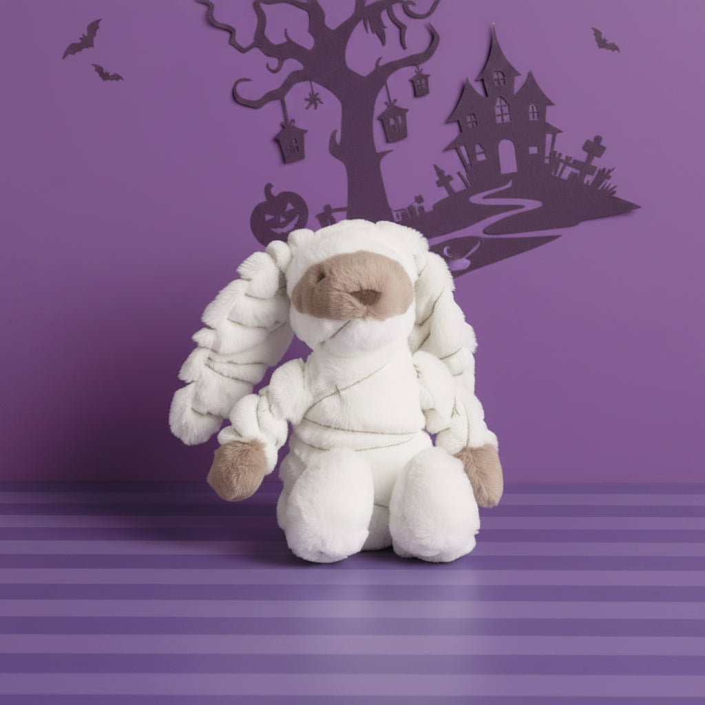bunny mummy plush on a halloween background