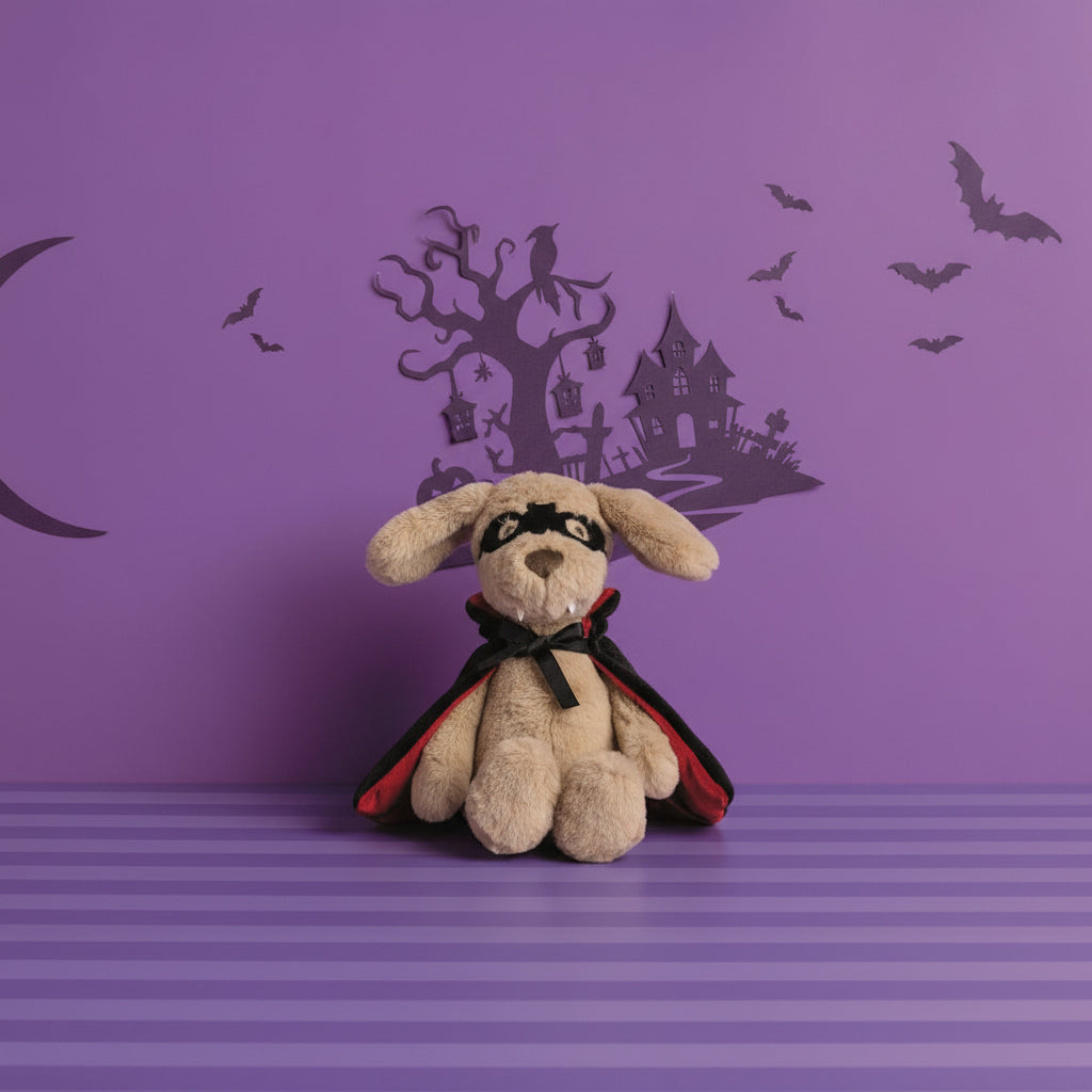 golden dog dressed like a vampire in front of a halloween background