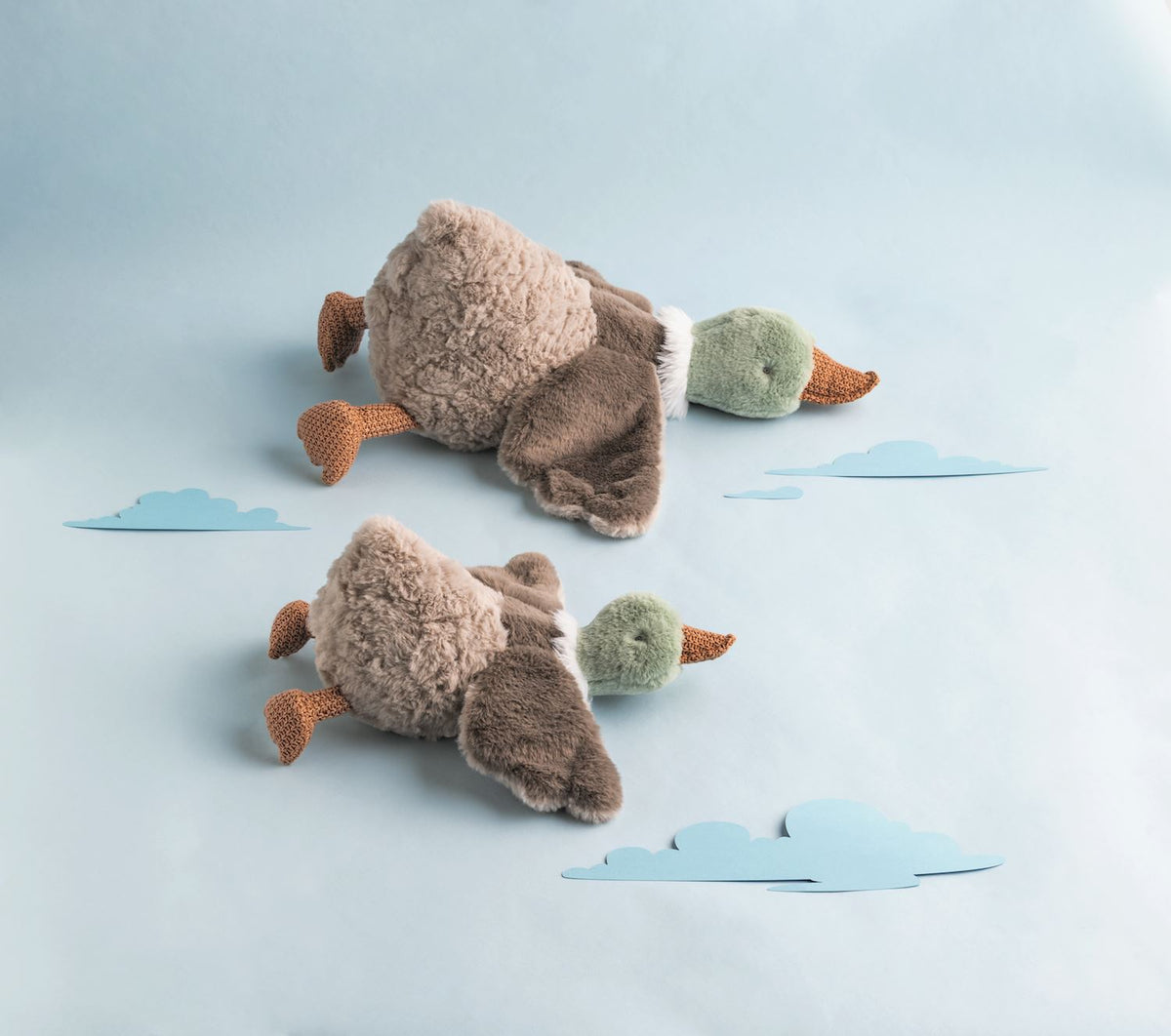2 plush ducks on a sky decorated background