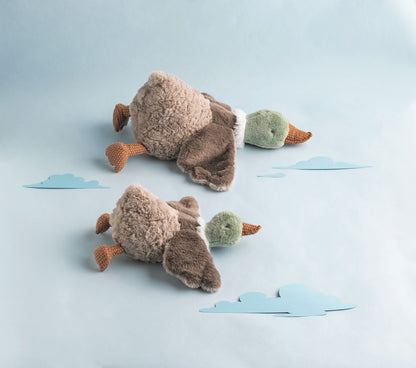 2 plush ducks on a sky decorated background