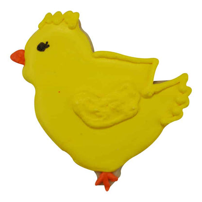  chick-shaped cookie with yellow icing on a white background