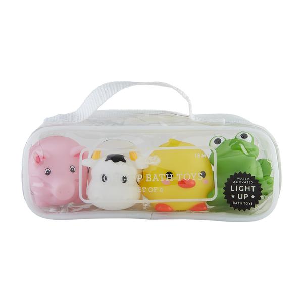 Light-Up Farm Animal Bath Toy Set in its clear bag packaging