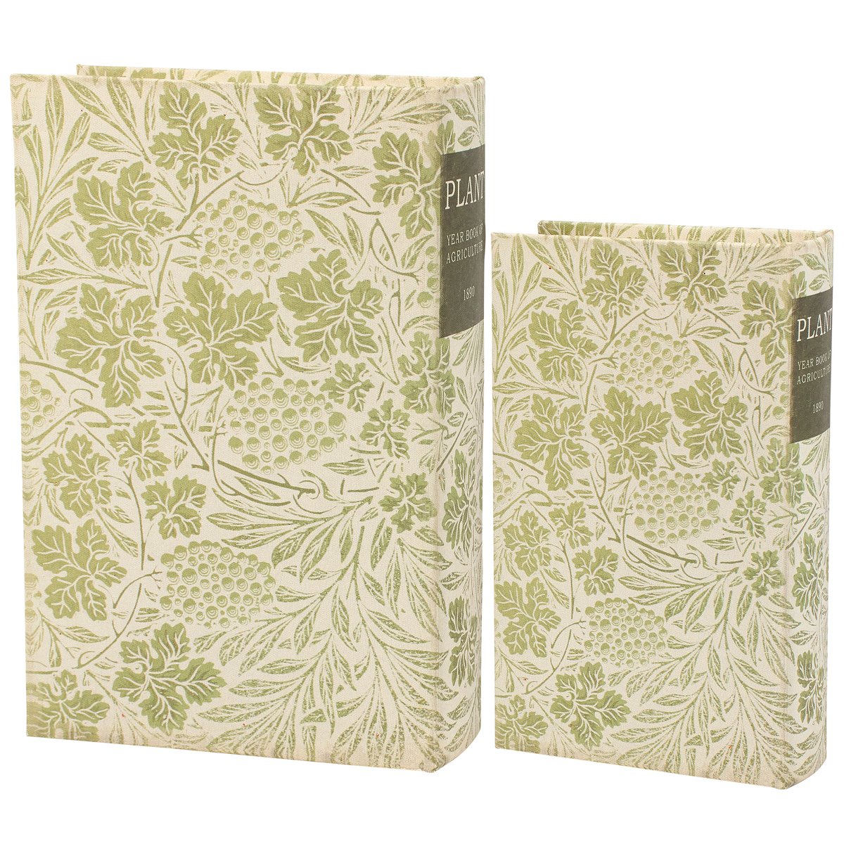 back covers of two decorative book boxes with green leaf pattern showing spines on a white background