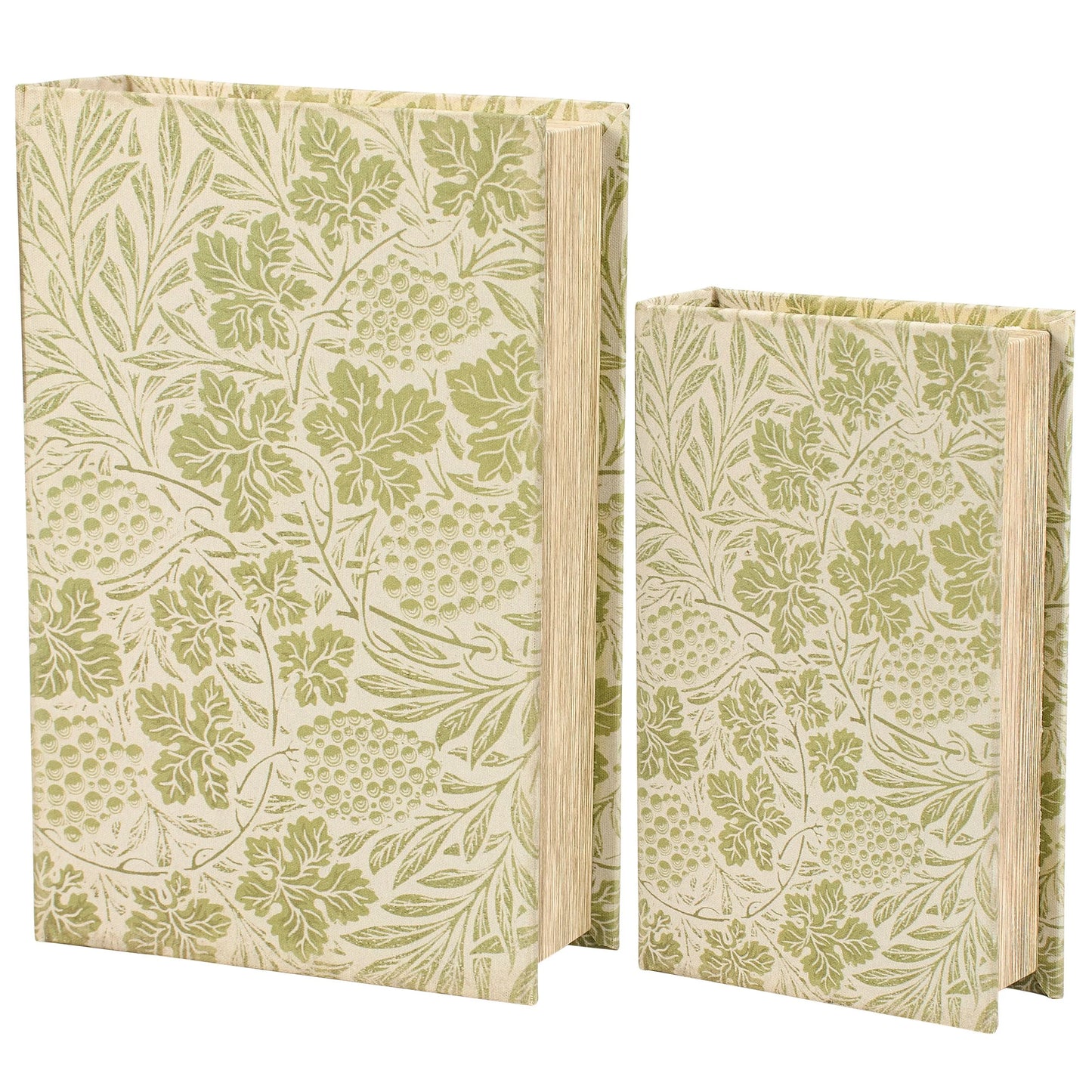 two decorative book boxes with green leaf pattern shown on a white background