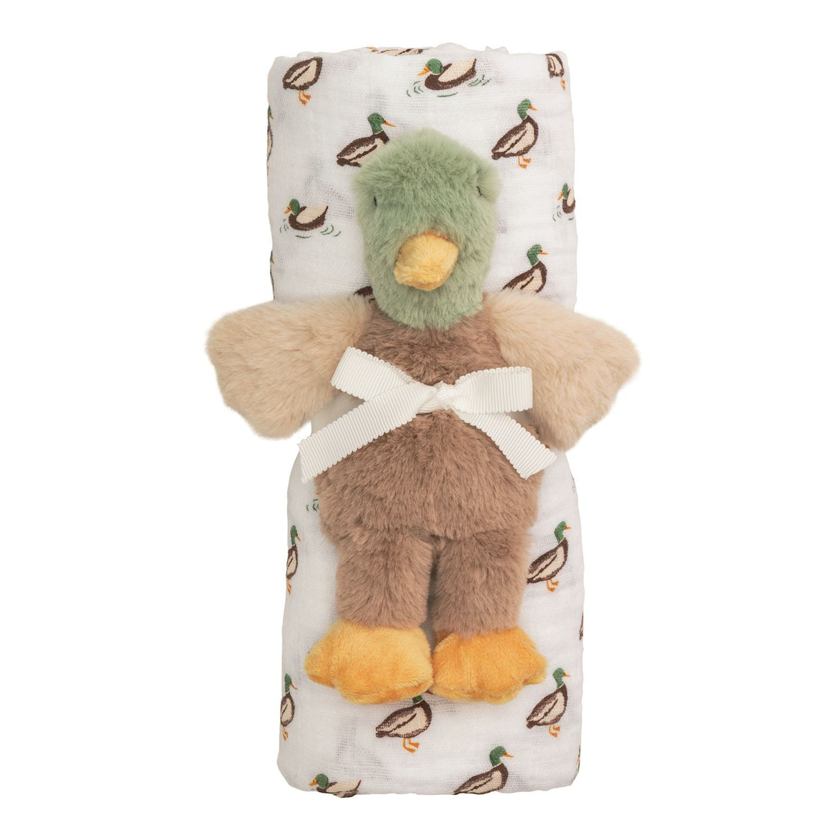 swaddle with mallard ducks on it and a mallard duck plush toy tied together with a bow
