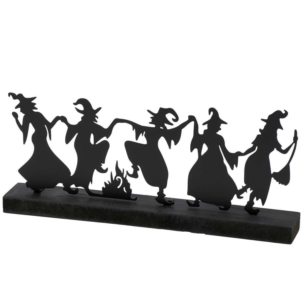 black Silhouette of 5 witches on a black base shown against a white background