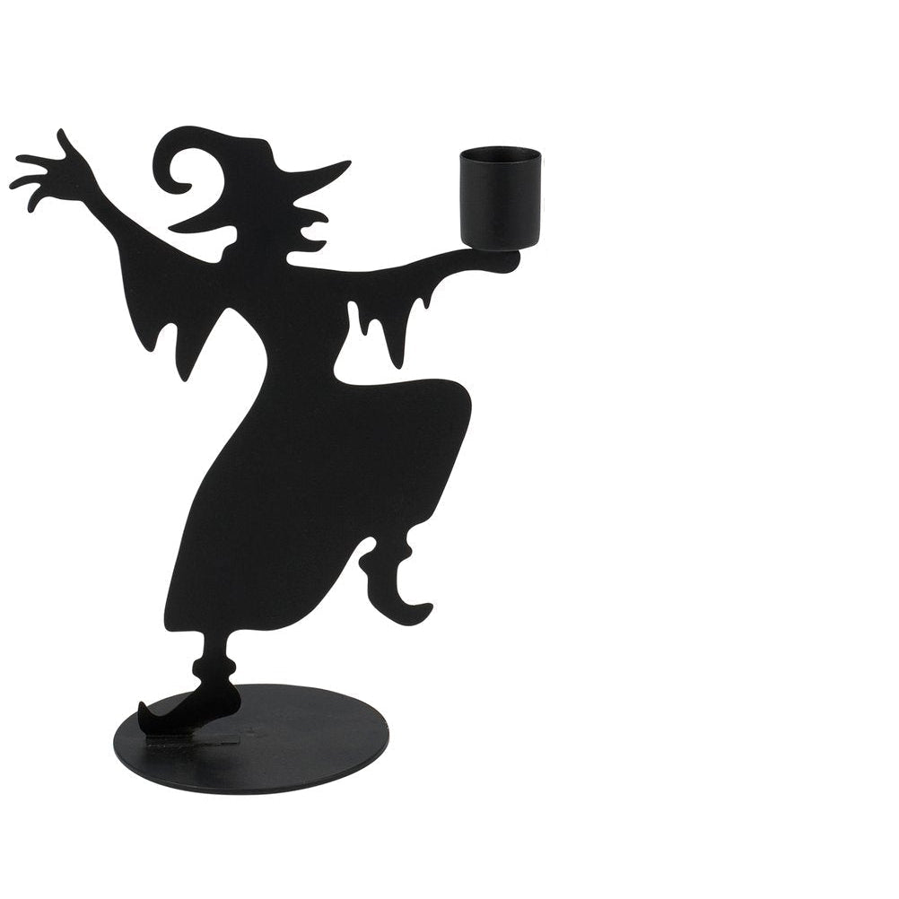  black metal witch silhouette candle holder with circular bases, shown against a plain white background.
